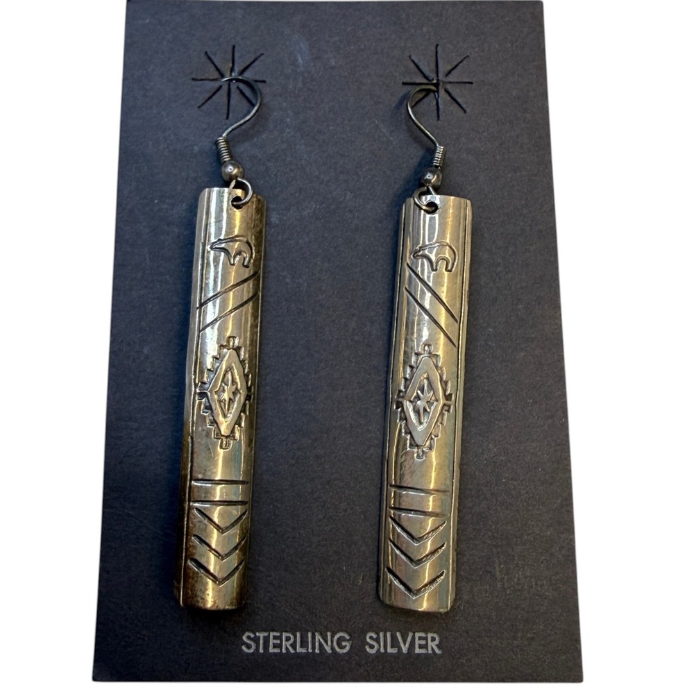 Sterling Silver Southwestern Stamped Bear Geometric Long Dangle Earrings